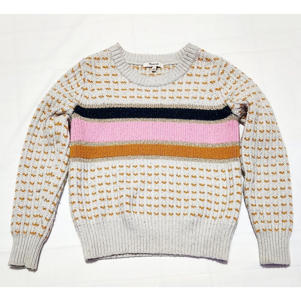 Madewell Striped Metallic Barfield Wool Blend Sweater Sz XS Heather Blizzard - Picture 2 of 6